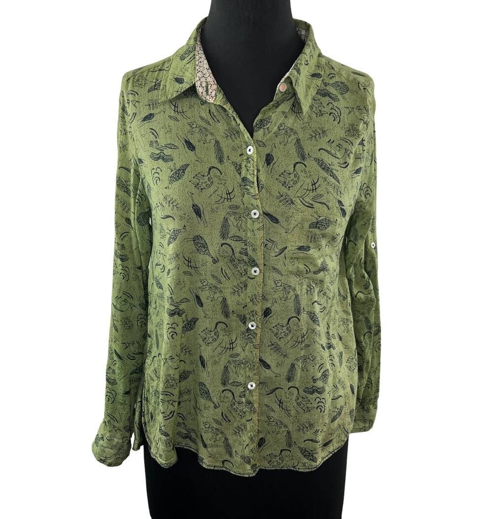Anthropologie Holding Horses Arabel Button-Up Green Top Cats Birds Nature 4